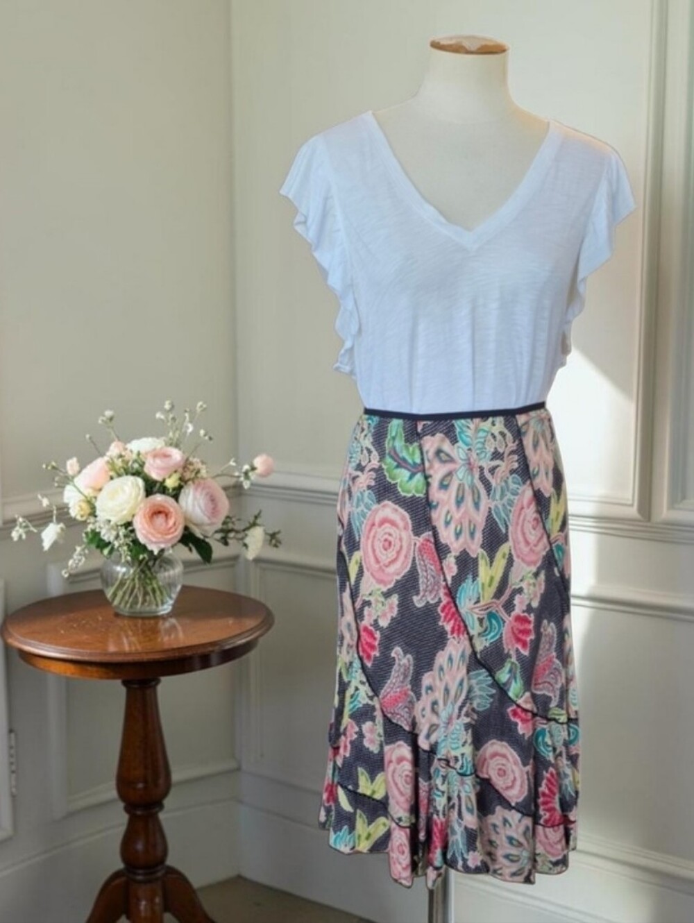 Loco Lindo Floral Bias Cut Panel Skirt Retro Inspired Ruffle Hem Womens Size M